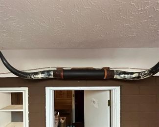 SJP249- Texas Longhorn Steer Horn With Brown Leather Almost 4 Feet!