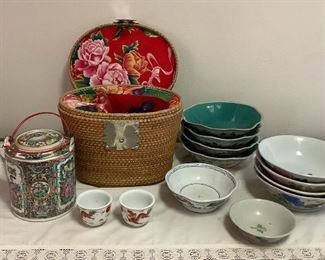 SJP520 Chinese Porcelain Tea Set In Basket & Serving Bowls 