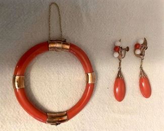 SJP806 14K Orange Jade Bracelet & Matching Earrings 