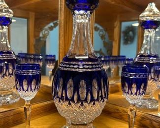 Waterford Crystal Cobalt Blue Clarendon Decanter and Cordial Glasses