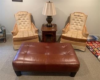 Mid century modern chairs, beautiful leather ottoman, lamp