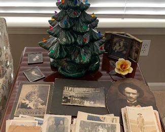 Vintage porcelain Christmas tree, turn of the century photographs