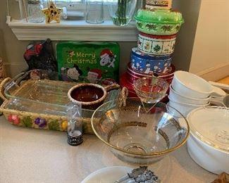 Mid century modern chip and dip bowl, Disney spoons and forks, Pyrex 