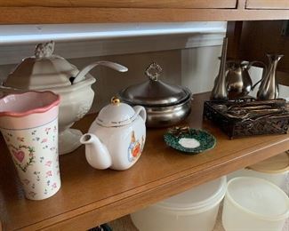 Soup terrine, tea pot, pewter, silverware