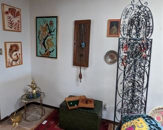 Signed Batik Art                                                                                           Ottoman Turkish Antique Coffee Pot                                              Tuffed Green Leather Storage Chest                                               Antique Carved Wood Panel