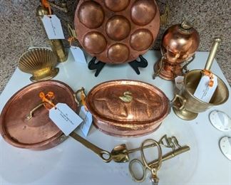 Antique Copper & Brass Escargot Pan Made in England                                             1960s Copper & Brass Egg Coddler Made in Portugal             Handicraft Copper & Brass Pan with Lid Swan Top                                         Brass Coffee Mill Made in Greece                                                         Brass Mortar & Pestol Made in Syria                                                 Copper & Brass Saucepan w/ Lid
