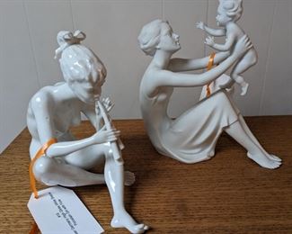 Kaiser Germany White Bisque Porcelain Mother & Child                                  Kaiser Germany  High Gloss White Bisque Porcelain Girl with Flute