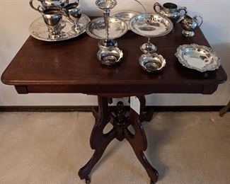 Hall Console Table on Casters                                                               'HAMO' EPNS Art Deco Reticulated Candy Dish Set                 Triple Plate Sugar and Creamer, England                                           Canada Catch all Dishes                                 