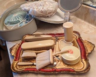 Antique Celluloid Vanity Dresser Set                                               Vintage Deluxe Hair Dryer w/ Bonnet and Carrying Case