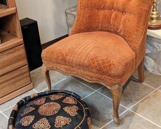 MCM Tuffed Accent Orange Chair                                           Vintage Moroccan Leather Pouf Ottoman.   SOLD