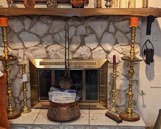 Many Large Brass Candleholders                                                      MCM Ottoman Empire Moorish Etched Copper Pot w/ Handle                                                                                                       
