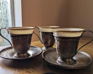 Sterling Silver Saucer, Cup Holder, Lenox Liner Demitasse Cups - 3