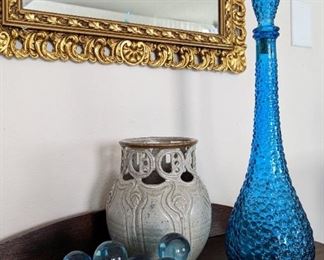 MCM Italy Carafe Blue Bubbles                SOLD                                             MCM Lucite Blue Grapes                                                                                         MCM Reticulated Studio Art Pottery