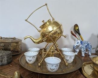 Vintage Brass Footed Tilting Spirit Kettle on Stand with Burner