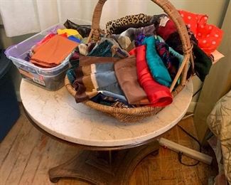 Marble top table, scarves 