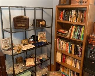 Book case, display shelves, Jewelry, books, tube radios
