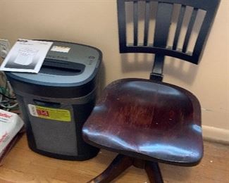 Vintage desk chair, new paper shredder 