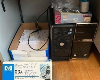 Computer towers, paper, ink