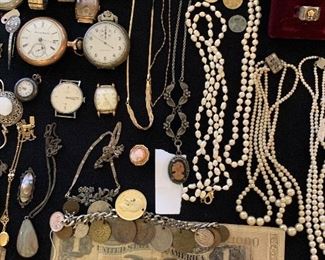 Early coin charm bracelet, pearls, money