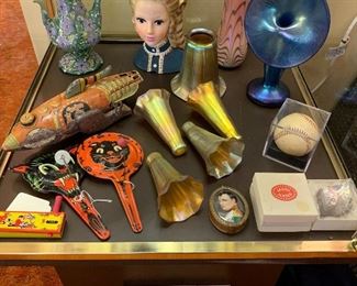 Signed art glass shades, baseball, head vase, George Jensen silver candle holders, vintage halloween, tin toys, Jack in the pulpit vase