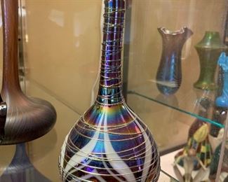 Vintage threaded iridescent art glass vase
