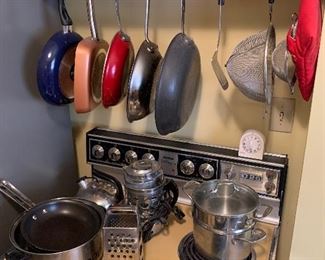 Pots, pans, strainers, double boiler, tea pot, percolator