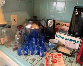 1930's art deco jars, glasses, swivel sticks, ice bucket, food chopper, can openers