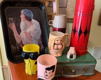 Novelty glasses, vintage thermoses, Coca-Cola tray 