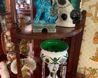 Pair of white/green mantle lusters, Foo Dog / Lion, Staffordshire Dog