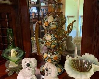 Staffordshire dogs, Early 20th century Ewer Moser type art glass enameled decanter, Fenton uranium vase