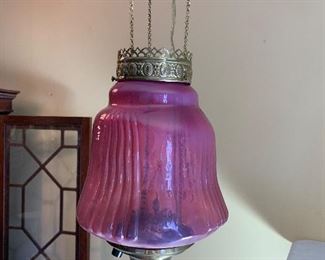Antique cranberry glass electrified hanging lamp