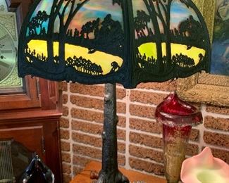 Circa 1900 Art Nouveau Slag Glass Parlor Lamp in beautiful original condition
