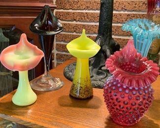 Fenton opalescent pink hobnail vase, Czech hand blown vase, Fenton yellow pink coral Jack in the pulpit vase