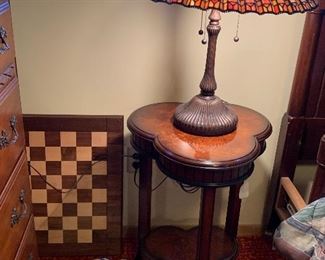 Dale Tiffany vintage reproduction Red Lotus lamp, stunning table, chess/checker board 