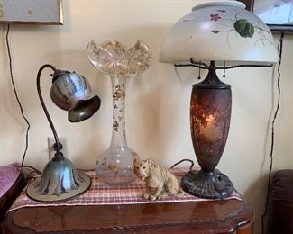 Antique goose neck lamp, antique vase, hand painted lighted lamp base