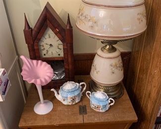 Jack in the pulpit vase, steeple clock, lamp, 19th century tea pot and sugar dish