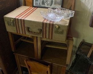 Vintage suitcase, children's chairs and table