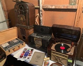 Bakelite record player, Zenith Trans Oceanic radio, tube tester