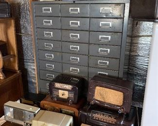 Metal parts drawers, tube radios