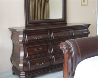 Bombe dresser 9 drawers on a plinth base! Gorgeous. In background see custom drapes for sale too!