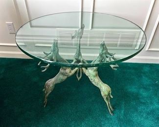 Glass-topped end table with patined deer sculpture