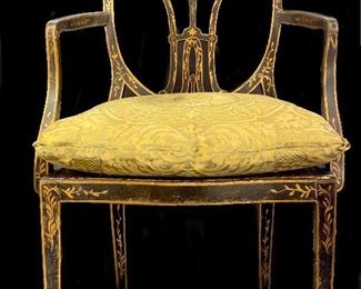 0o Pair of French Shield Back Arm Chairs with Antique Fortuny Covered Cushions