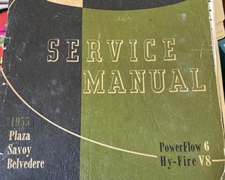 Service manual for 1955 Plymouth Plaza, Savoy and Belvedere models and PowerFlow 6 and Hy-Fire V8 engines. Rare collectible!
