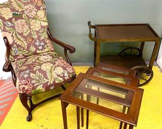 Georgian Style Carved Armchair Glass End Tables