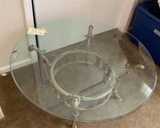 #20	Round Glass top Coffee Table w/white gold  Metal Base - 39x18  (as is side glass chipped)	 $40.00 			
