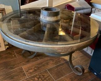 #42	vintage Wagon Wheel w/cast iron Base w/glass top - 36x18.5	 $200.00 			
