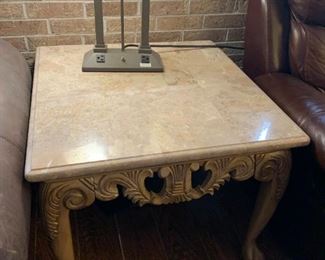 #48	Wood Carved Gold-Painted Square  Side Table w/marble top  - 29sq x 24	 $120.00 			
