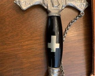 #98	Ant. Ceremonial Knights Temper w/Scabbard and Leather Sword Carrying Case.  Bears owner inscription 	 $275.00 			
