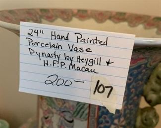#107	 Hand Painted Porcelain  Vase - Dynasty by Heygill & H.F.P. Macau - 24"Tall	 $200.00 			
