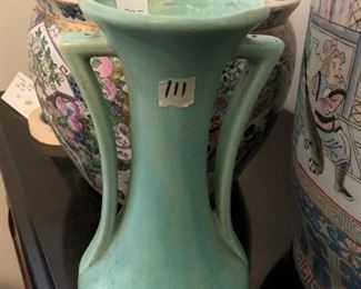 #111	USA Green Vase w/2 handles - 9." Tall  	 $20.00 			

